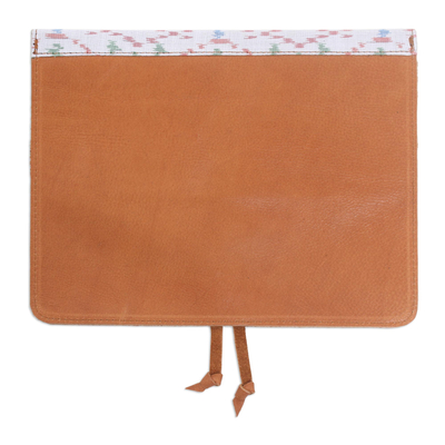 Cotton trim leather e-reader case, 'Plot Twist in Brown' - Handcrafted Brown Leather and White Print Flap E-Reader Case