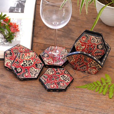 Wood batik coasters, 'Sekarjagad' (set of 6) - Red and Black Floral Batik Set of Six Wadang Wood Coasters