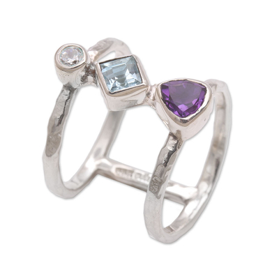 Multi-gemstone cocktail ring, 'Lolly' - Bali Amethyst and Blue Topaz Multi-Stone Silver Ring