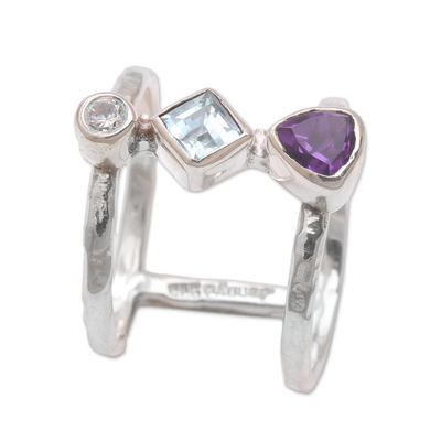 Multi-gemstone cocktail ring, 'Lolly' - Bali Amethyst and Blue Topaz Multi-Stone Silver Ring