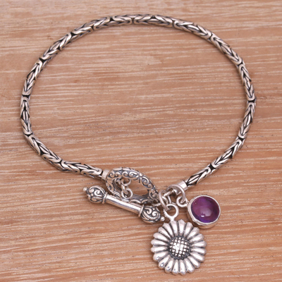 Amethyst charm bracelet, 'Mystic Sunflower' - Floral Amethyst Charm Bracelet from Indonesia