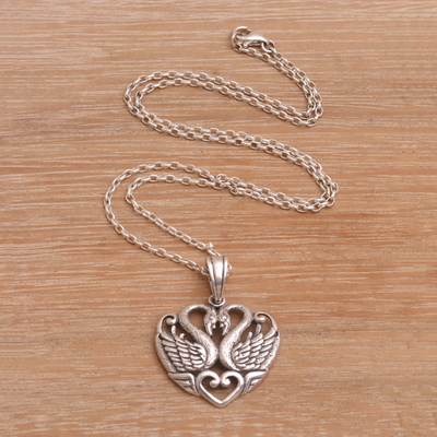 Sterling silver pendant necklace, 'Swan Love' - Sterling Silver Swan Pendant Necklace from Bali