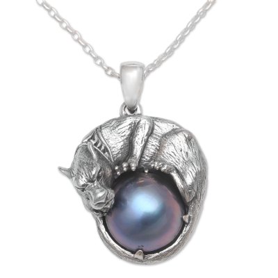Cultured pearl pendant necklace, 'Panther Power in Blue' - Cultured Pearl Panther Pendant Necklace in Blue from Bali
