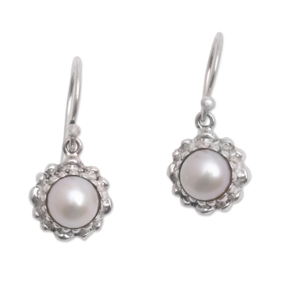Cultured pearl dangle earrings, 'Little Lotus' - Lotus Flower Cultured Pearl Pendant Necklace from Bali