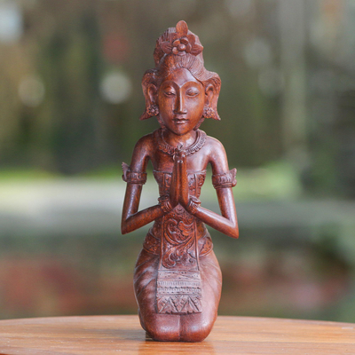 Wood sculpture, 'Praying Bride' - Hand-Carved Suar Wood Praying Balinese Bride Sculpture