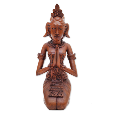 Wood sculpture, 'Praying Bride' - Hand-Carved Suar Wood Praying Balinese Bride Sculpture