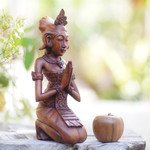Wood sculpture, 'Praying Bride' - Hand-Carved Suar Wood Praying Balinese Bride Sculpture