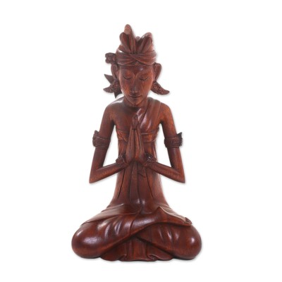 Wood sculpture, 'Praying Bridegroom' - Hand-Carved Suar Wood Praying Balinese Groom Sculpture