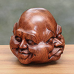 Hand-Carved Four Faces of Buddha Suar Wood Statuette, 'Four Faces'