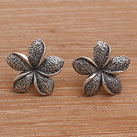 Sterling silver button earrings, 'Plumeria Simplicity' - Sterling Silver Floral Plumeria Button Post Earrings