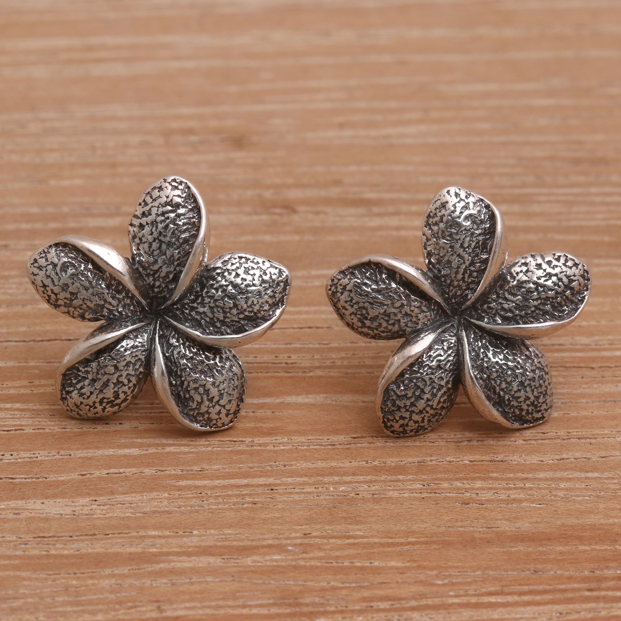 Sterling Silver Floral Plumeria Button Post Earrings Plumeria