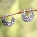 Sterling silver hoop earrings, 'Kingfisher' - Sterling Silver Kingfisher Feathered Bird Half-Hoop Earrings
