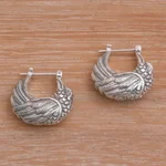 Sterling silver hoop earrings, 'Kingfisher' - Sterling Silver Kingfisher Feathered Bird Half-Hoop Earrings