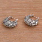 Sterling silver hoop earrings, 'Kingfisher' - Sterling Silver Kingfisher Feathered Bird Half-Hoop Earrings