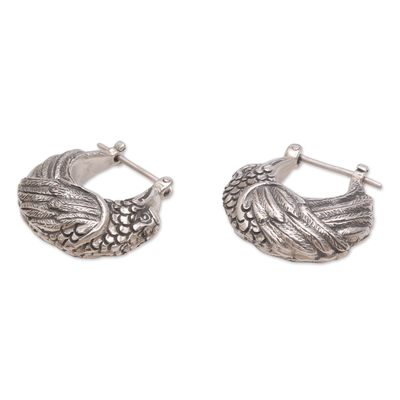 Sterling silver hoop earrings, 'Kingfisher' - Sterling Silver Kingfisher Feathered Bird Half-Hoop Earrings