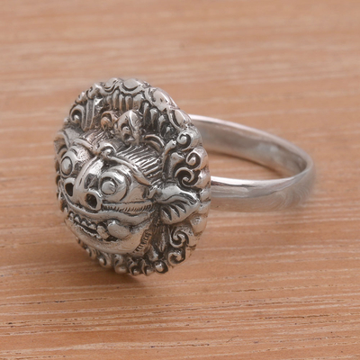 Sterling silver cocktail ring, 'Balinese Guardian' - Sterling Silver Barong Guardian Cocktail Ring from Bali