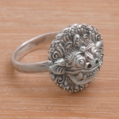 Sterling silver cocktail ring, 'Balinese Guardian' - Sterling Silver Barong Guardian Cocktail Ring from Bali