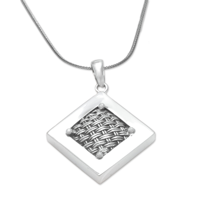 Woven Sterling Silver Diamond Shaped Pendant Necklace