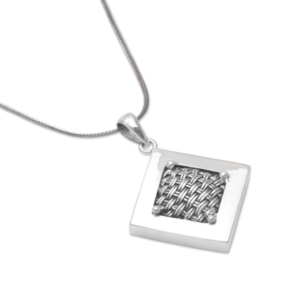 Sterling silver pendant necklace, 'Weaving Ketupats' - Woven Sterling Silver Diamond Shaped Pendant Necklace