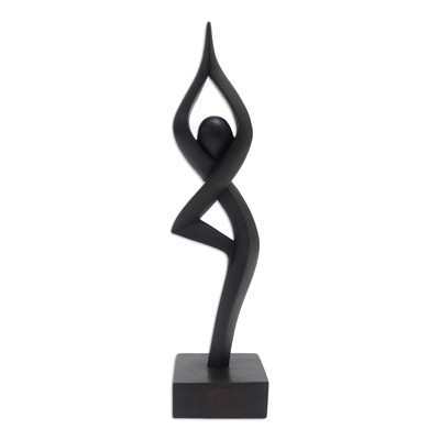 Wood sculpture, 'Abstract Praying' - Black Hand-Carved Suar Wood Praying Abstract Sculpture
