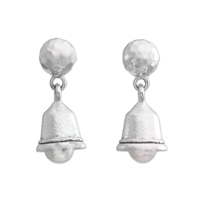 Cultured pearl dangle earrings, 'Melodious Gleam' - Cultured Pearl Bell Dangle Earrings from Bali