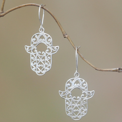 Sterling silver dangle earrings, 'Hands of Fatima' - Sterling Silver Hamsa Dangle Earrings from Bali
