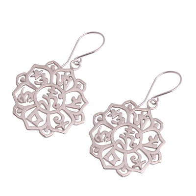 Sterling silver dangle earrings, 'Sanskrit Om Flower' - Silver Om Dangle Earrings with Sanskrit Motifs from Bali