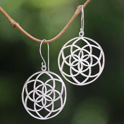 Sterling silver dangle earrings, 'Geometric Petals' - Sterling Silver Geometric Floral Dangle Earrings from Bali