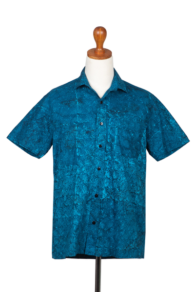 Men's hand-stamped cotton shirt, 'Calm Winds' - Men's Hand-Stamped Cotton Shirt with Spiral Motif