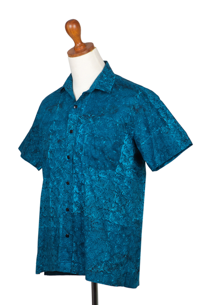 Camisa de hombre de algodón estampada a mano - Camisa de hombre en algodón estampado a mano con motivo de espiral