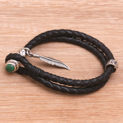 Turquoise and leather braided wristband bracelet, 'Feather of Bravery' - Turquoise and Leather Braided Wristband Bracelet from Bali