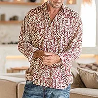 Camisa de manga larga de rayón para hombre, 'Estilo Parang' - Camisa de manga larga de rayón con estampado rojo ladrillo sobre amarillo pálido para hombre