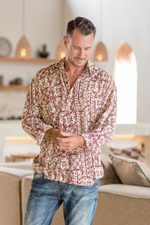 Men's rayon long sleeve shirt, 'Parang Style' - Men's Brick Red on Pale Yellow Print Rayon Long Sleeve Shirt