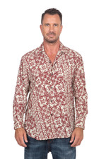 Men's rayon long sleeve shirt, 'Parang Style' - Men's Brick Red on Pale Yellow Print Rayon Long Sleeve Shirt