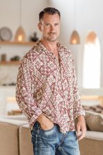 Men's rayon long sleeve shirt, 'Parang Style' - Men's Brick Red on Pale Yellow Print Rayon Long Sleeve Shirt