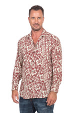Men's rayon long sleeve shirt, 'Parang Style' - Men's Brick Red on Pale Yellow Print Rayon Long Sleeve Shirt