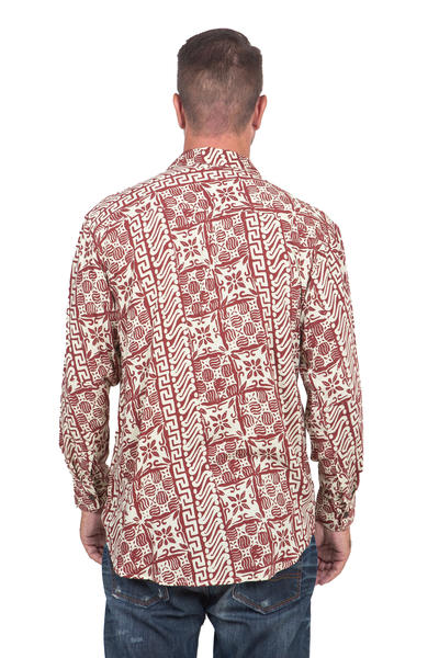 Men's rayon long sleeve shirt, 'Parang Style' - Men's Brick Red on Pale Yellow Print Rayon Long Sleeve Shirt