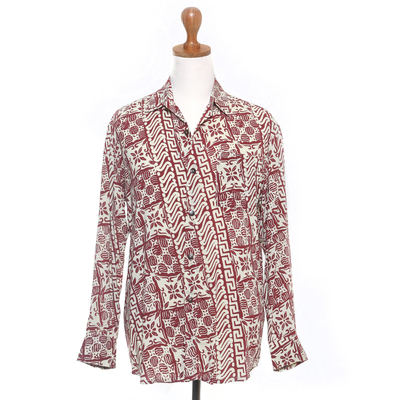 Herren-Langarmhemd aus Viskose - Herren-Langarmhemd aus ziegelrotem und blassgelbem Rayon mit Aufdruck