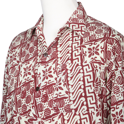 Men's Brick Red on Pale Yellow Print Rayon Long Sleeve Shirt - Parang Style