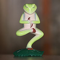 Wood statuette, 'Yoga Frog'
