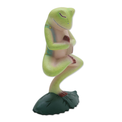 Wood statuette, 'Yoga Frog' - Suar Wood Yoga Frog Statuette from Bali