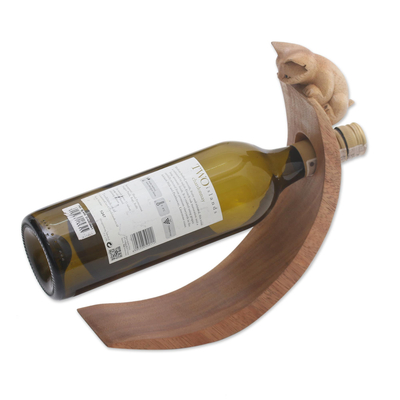Handcrafted Suar Wood Cat Bottle Holder in Brown from Bali