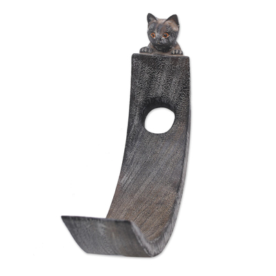 Wood bottle holder, 'Peeking Kitten' - Handcrafted Suar Wood Cat Bottle Holder in Black and White