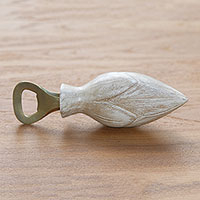 Wood bottle opener, 'Young Lotus in White' - Handcrafted Wood Lotus Bottle Opener in White from Bali