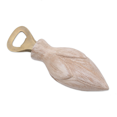 Wood bottle opener, 'Young Lotus in White' - Handcrafted Wood Lotus Bottle Opener in White from Bali