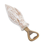 Wood bottle opener, 'Young Lotus in White' - Handcrafted Wood Lotus Bottle Opener in White from Bali