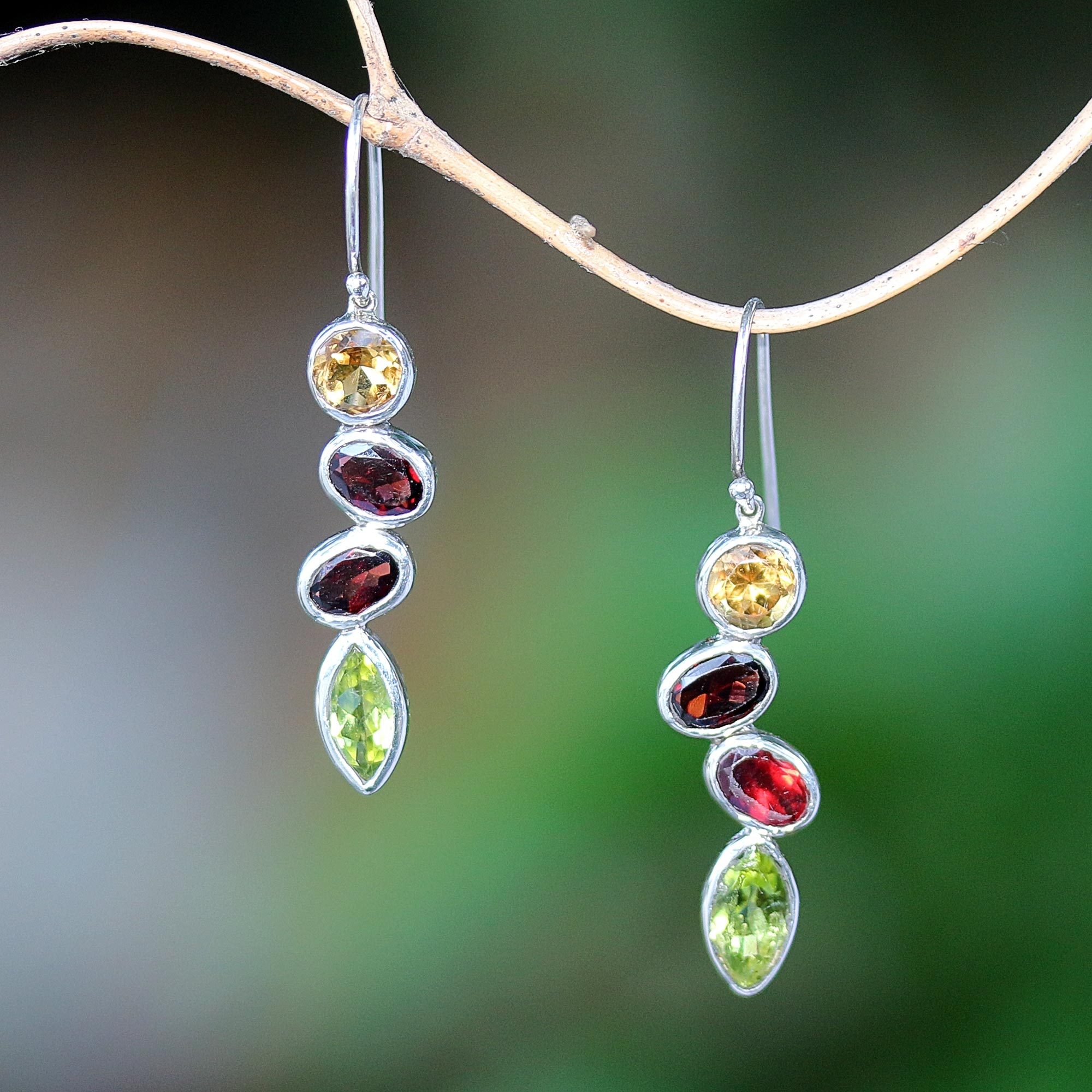 Sterling Silver Abstract Multi Color Citrine Topaz Drop Dangle Post Earrings