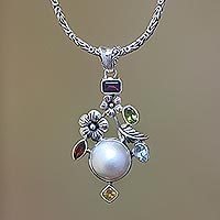 Cultured pearl and multi-gemstone pendant necklace,