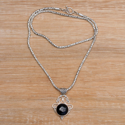 Halskette mit Onyx-Anhänger, „Auge der dunklen Königin“ – Sterlingsilber-Halskette mit Onyx-Anhänger und Auge der dunklen Königin