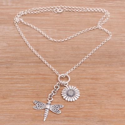 Sterling silver pendant necklace, 'Dragonfly Flower' - Floral Dragonfly Sterling Silver Necklace Crafted in Bali